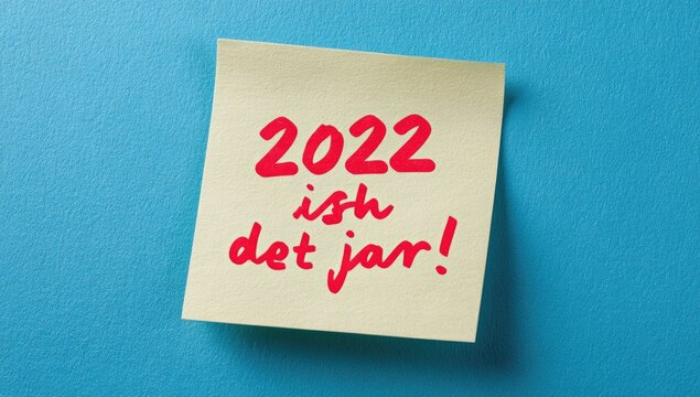 A square sticky note with red text announcing "2022 ish det jar!" on a blue background