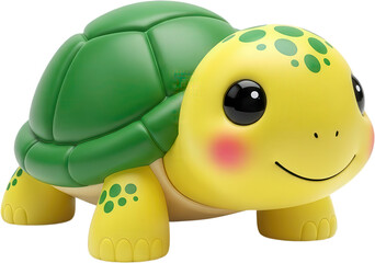 Cute cartoon turtle toy with a glossy green shell and bright yellow body with green polka dots featuring large black eyes and rosy cheeks animal amphibian reptile character transparent background
