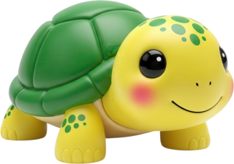 Cute cartoon turtle toy with a glossy green shell and bright yellow body with green polka dots featuring large black eyes and rosy cheeks animal amphibian reptile character transparent background