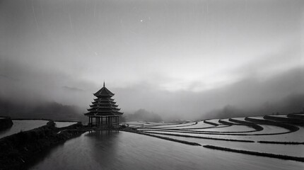 Misty Pagoda and Star Trails Over Terraced Rice Fields