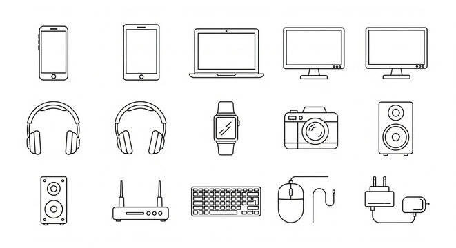 Geometric outline consumer electronics icons flat vector set on white
