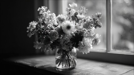 Black & white floral arrangement in jar on windowsill, window and blurry background