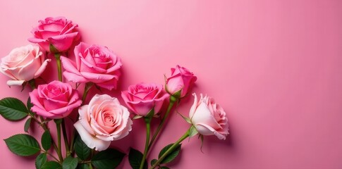 A vibrant arrangement of various pink roses against a solid pink background , bloom, love