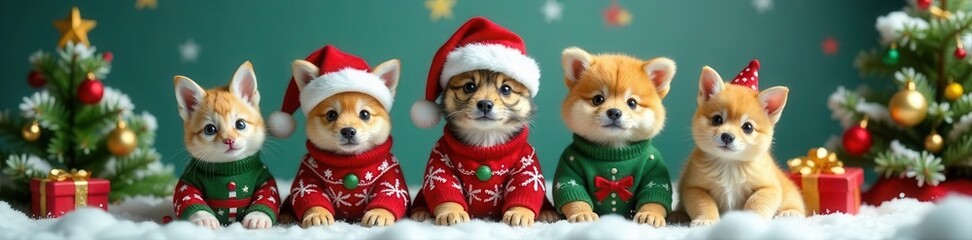 Cute animals in Santa hats, festive sweaters, & Christmas trees , cute, merry christmas