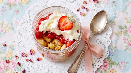 Delicious Strawberry Crumble Dessert Jar with Cream and Rose Petals