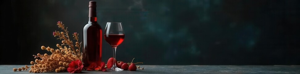 Elegant wine bottle, dried flowers, dark backdrop Minimalist still life , flowers, minimalist, white wine