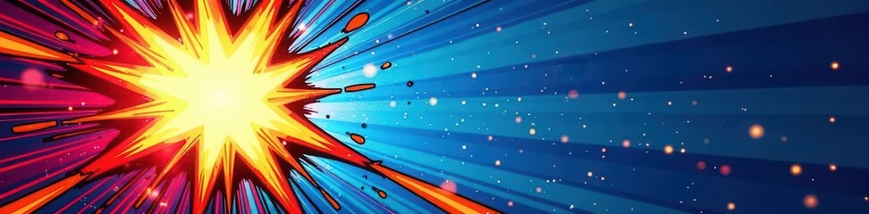 Electric blue comic explosion, dynamic rays, bold halftone pattern, texture, dynamic