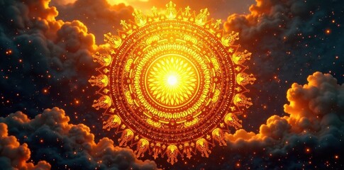 Golden yellow sun mandala, flowing seamless design , zen, sunlight, wallpaper