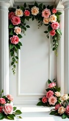 White columns frame lush floral arrangement, elegant backdrop , high-end, greenery