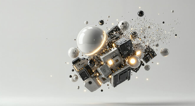 Abstract Tech Components and Spheres Floating in Space