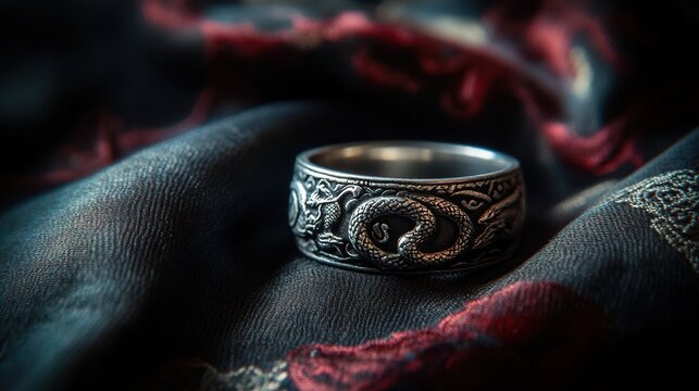 ouroboros. Ancient silver ring with a dragon ouroboros engraved on dark silk. event programs, museum guides, designed for cultural heritage projects and event programs, preserves heritage.