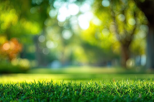 Soft focus image of vibrant green grass, sunlight, and a blurred backdrop of trees