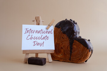 Calendar date 13 September international chocolate day greeting card Delicious fresh croissant topped with colorful flavor Ganache. Creation unique heart shape bakery. Puff pastry holiday love gift