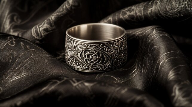 ouroboros. Ancient silver ring with a dragon ouroboros engraved on dark silk. event programs, museum guides, designed for cultural heritage projects and event programs, preserves heritage.