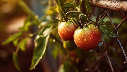 Obraz premium Close-up of two fresh tomatoes on vine, droplets, near chain-link fence, blurred background