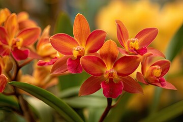 Fototapeta premium Close-up of vibrant orange and red orchid flowers in full bloom