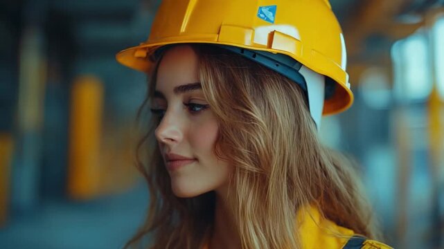 Poised Engineer: A confident and capable woman, adorned in a vibrant yellow hard hat and construction vest, stands at a construction site, gazing thoughtfully with an air of assuredness.