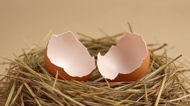 A cracked eggshell resting inside a cozy nest, symbolizing new beginnings and growth