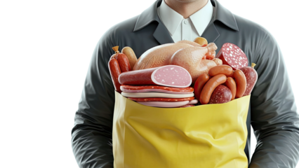 Man holding a yellow bag filled with various meats and a whole chicken