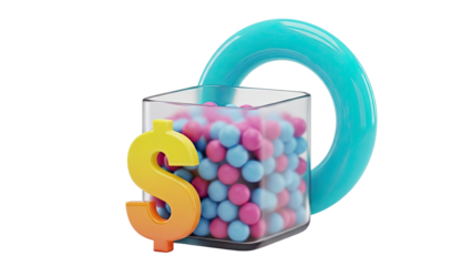 3D Render of Dollar Sign and Container Filled with Colorful Spheres