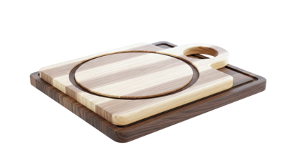 Two wooden cutting boards stacked, one with a carved circle and handle