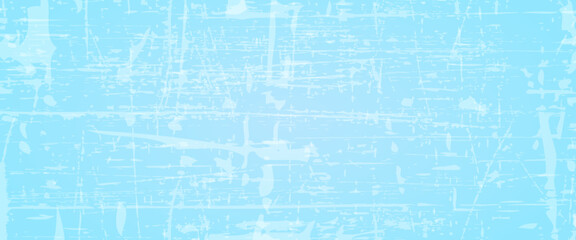 Scratched ice surface texture. Blue ice background with skate traces, cracks, scratches. Rough winter sport rink backdrop. Frozen lake or pond water wallpaper with dots, spot and lines. Eps10