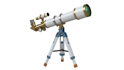 White and Gold Refractor Telescope on a Blue and White Tripod