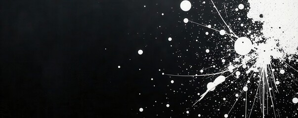 Fototapeta premium Black background, chaotic white & gray paint splatters, grungy texture, edgy, industrial, pattern