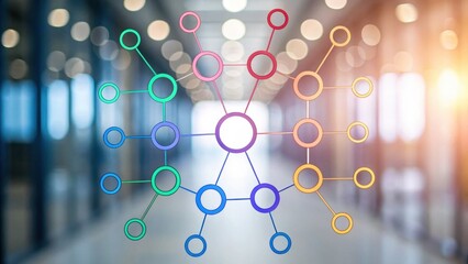 A colorful network diagram is overlaid on a blurred modern interior, suggesting connections and data flow in a technological environment.