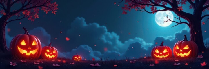 Fototapeta premium Glowing jack-o-lanterns & vines border design , background, festival