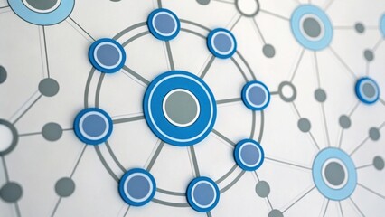 A close-up view of a network design featuring interconnected circles in varying shades of blue and gray against a light background.
