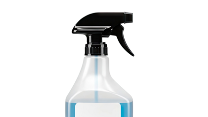 Close-up of a clear spray bottle with blue liquid and a black trigger