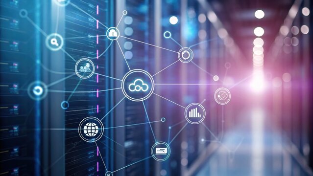 A digital network design overlaying a server room, featuring cloud icons and data connections, symbolizing data management and technology. - Powered by Adobe