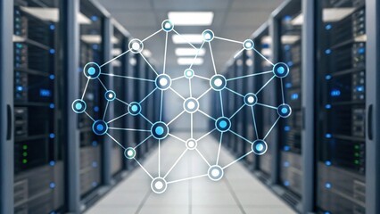 A digital network graphic overlays a corridor of server racks, representing connectivity and data management in a high-tech environment.