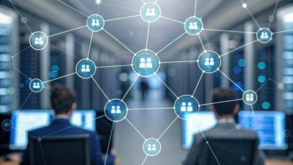 A digital network connects individuals, represented by icons, in a high-tech server room, highlighting modern communication and data management.