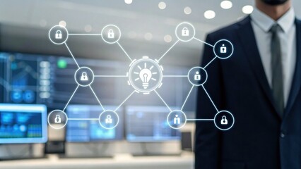 A business professional stands in front of digital screens, showcasing a network of secured connections symbolized by padlocks and an illuminated light bulb.