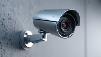 A close-up shot of a silver security camera mounted on a concrete wall, angled slightly
