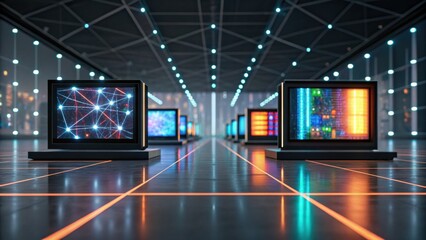 A futuristic display room with multiple glowing screens showcasing digital data and network visuals, illuminated by modern lighting.