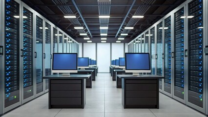 A modern data center with rows of server racks and computer desks, showcasing a high-tech environment for data management and processing.