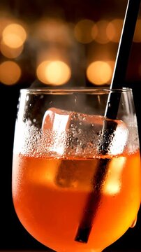 Refreshing aperol spritz drink with ice and straw in a glass against bokeh lights, vibrant orange liquid, condensation, and dark background, perfect for advertising or bar promotions