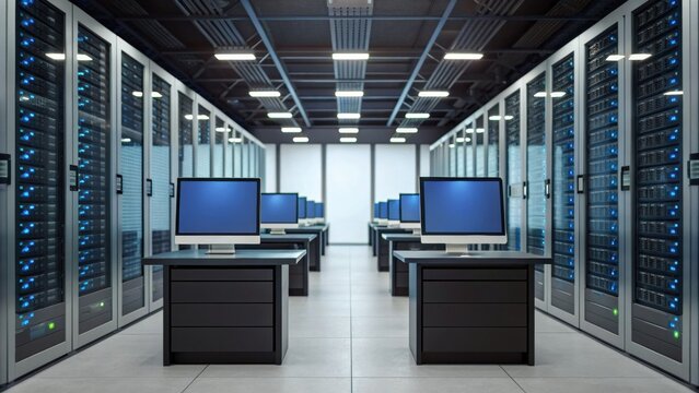A modern data center with rows of server racks and computer desks, showcasing a high-tech environment for data management and processing. - Powered by Adobe