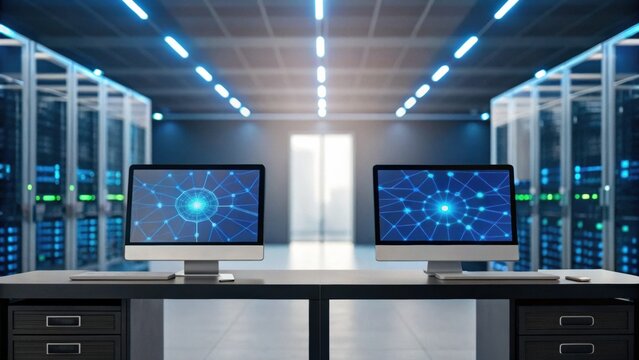 A modern data center with two computers displaying network diagrams, illuminated by blue lights and surrounded by server racks. - Powered by Adobe