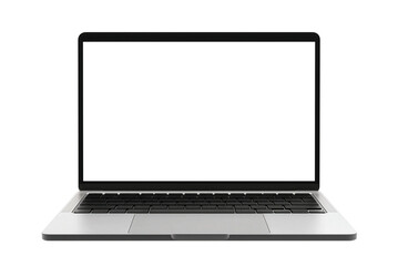A modern laptop computer isolated on a transparent background with an open blank screen. Ideal for graphic designers, business presentations.