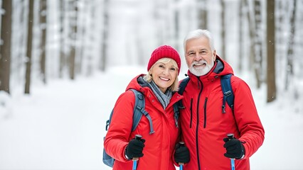Senior couple enjoying Nordic walking in winter forest, dressed in bright red jackets, smiling happily while holding trekking poles, surrounded by snow-covered trees and serene landscape
