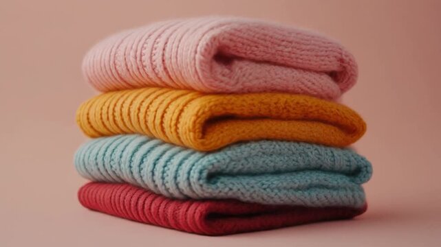 A clean stack of soft colorful cotton towels in a neat pile including blue pink and green folded fabric for a spa or bathroom laundry