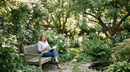 Woman relaxing on a garden bench with a book and coffee. Peaceful outdoor leisure and happy lifestyle concept. Enjoying nature.