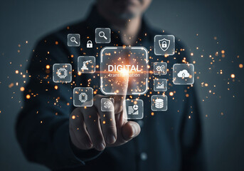 Businessman touching virtual interface with digital transformation and cyber security icons.