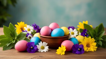 Easter eggs in a bowl surrounded by spring flowers