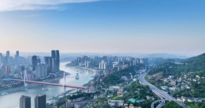 Aerial time-lapse of Chongqing&rsquo;s Nan&rsquo;an District, mountain city landscapes, Yangtze River bridges, and winding highways under clear skies, China.