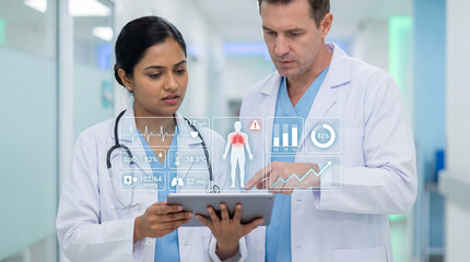 Doctors reviewing abnormal vital signs on digital health interface with alert sign and red lungs